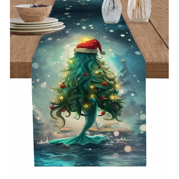 Ldtrchee Coastal Christmas Table Runner 36 Inches, Xmas Pine Tree Ocean Beach Green Bed Runner Dresser Scarves Tabletop for Indoor Outdoor Parties/Ceremony/Banquet, 13"x 36"