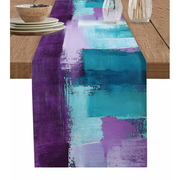 Ldtrchee Purple Turquoise Oil Painting Table Runner 108 Inches, Abstract Modern Geometric Bed Runner Dresser Scarves Tabletop for Indoor Outdoor Parties/Ceremony/Banquet, 13"x 108"
