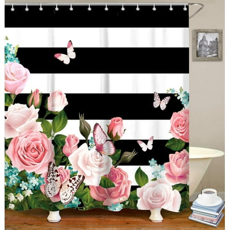 Black and White Striped Shower Curtain with Pink Roses, Butterfly ...