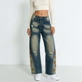 thumbnail image 4 of Women's Distressed Embroidery Jeans Vintage Y2K Straight Leg Denim Pants High Waist Stretchy Wide Leg Casual Denim Trousers with Pocket, 4 of 6