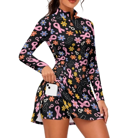 Aplkyhs Women's Tennis Dresses Pink Ribbon Flower with Built-in Shorts & Pocket Two Piece Athletic Workout Outfit Golf Dress Set Great for Long Days Outdoors, Quick Dry Breathable