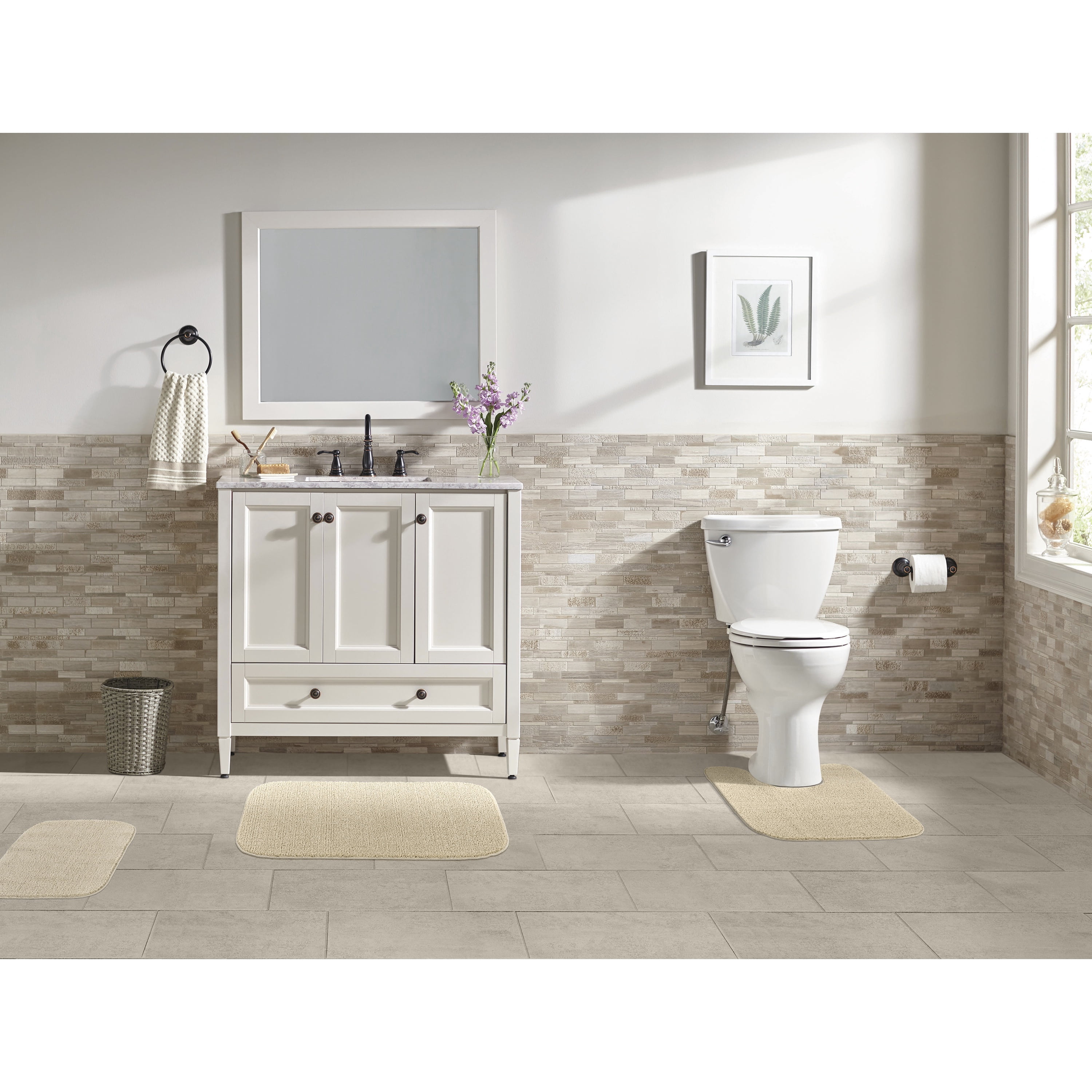 Garland Rug Gramercy Washable Bath Rug Set, 3-Piece (2 Bath Rugs, & Contour Rug) Champagne