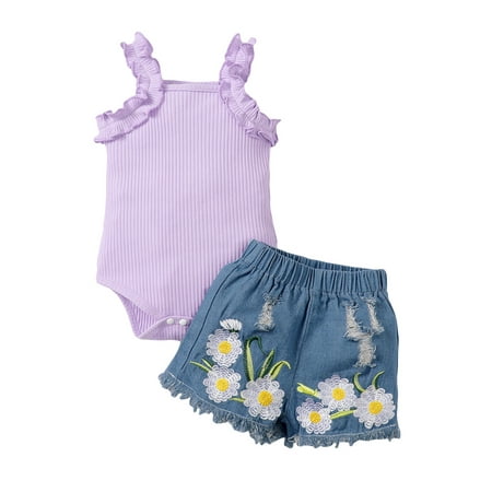 

aturustex 0-18 Months Infant Baby Girls Pants Suit Casual Street Party Knitting Romper Vest Tops + Denim Floral Short Pants