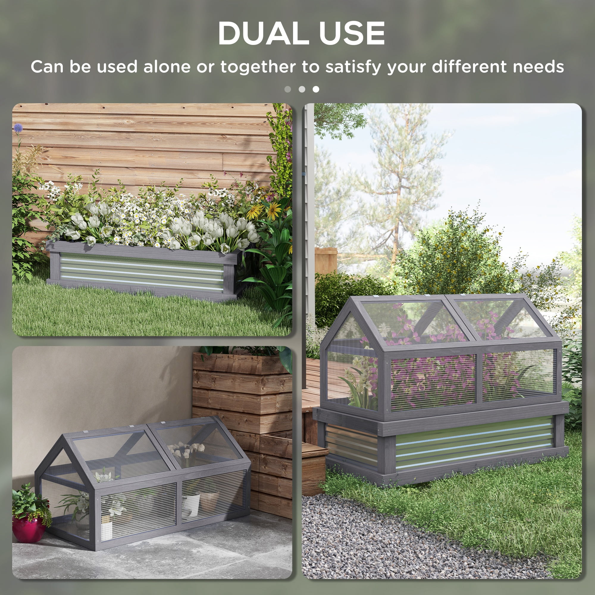Outsunny Raised Garden Bed with Polycarbonate Greenhouse, Gray
