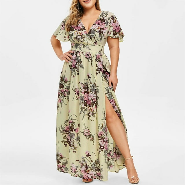 LOVZFMLL Robe Bohème à Manches Courtes pour Femme Grande Taille, Col en V, Imprimé Floral, Jaune 5TG