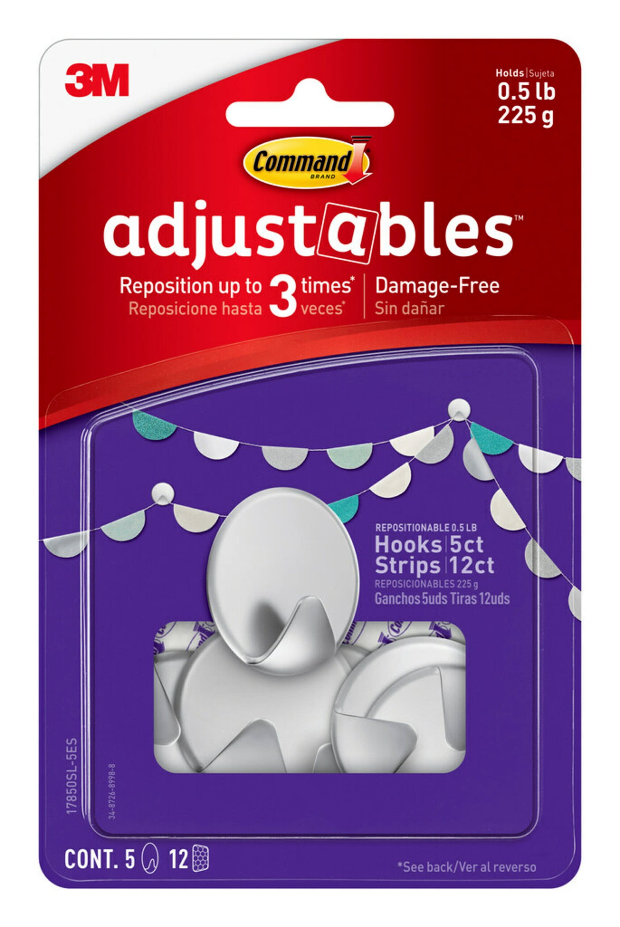 Command Adjustables Circle Hooks, Silver, 5 Hooks,12 Strips