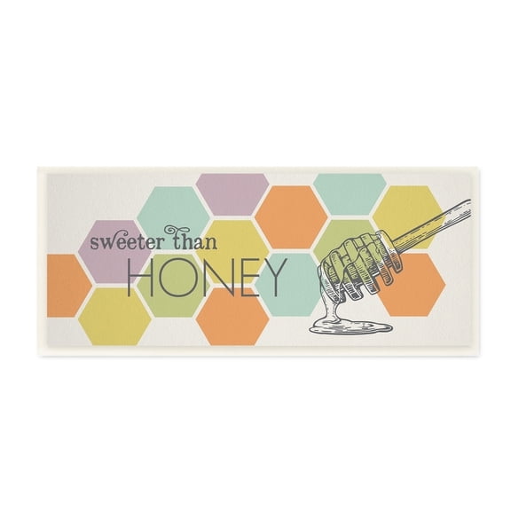 The Stupell Home Decor Collection Sweeter Than Honey Typography with Geo Honeycomb Pattern Wall Plaque Art, 7 x 17
