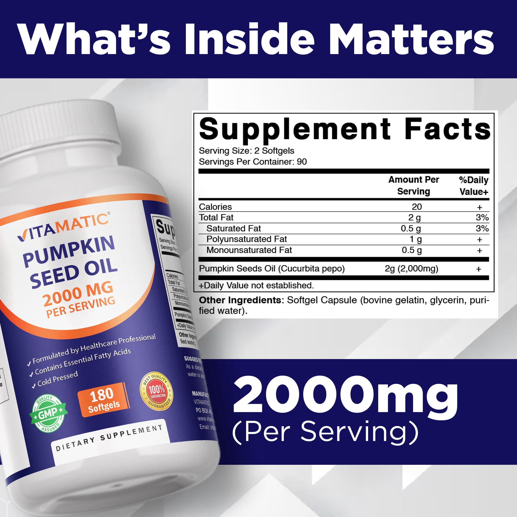 2 Pack - Vitamatic Pumpkin Seed Oil 2000mg Softgel Capsules per serving - 180 Softgels - (1000 mg per Softgels) (Total 360 softgels)