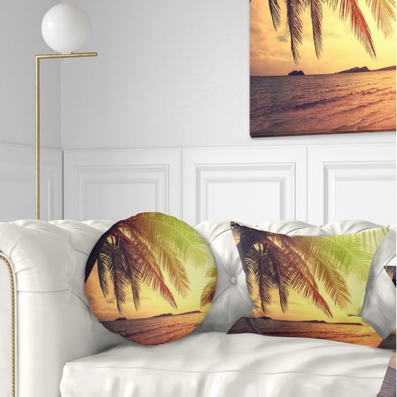 Designart Tropical Beach with Green Palm - Seashore Throw Pillow - 12x20