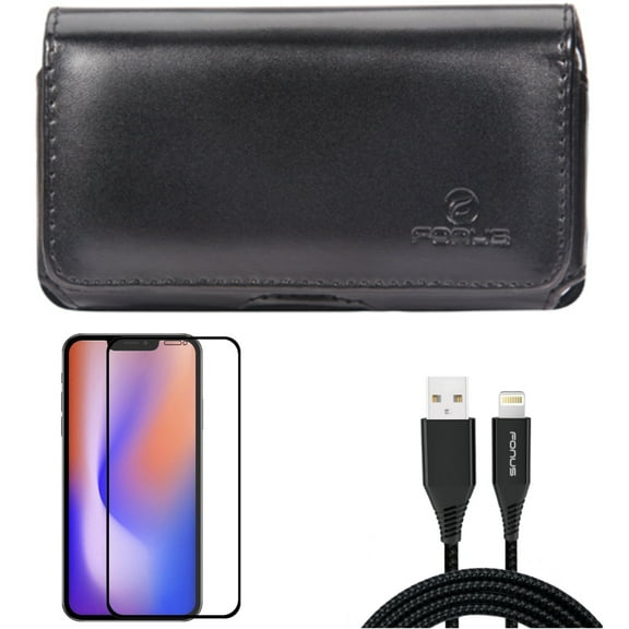 10ft USB Cable & Screen Protector & Case Belt Clip for iPhone 13/Pro ONLY - Charger Cord Power Wire   Anti-Glare Tempered Glass Matte   Leather Swivel Holster Combo
