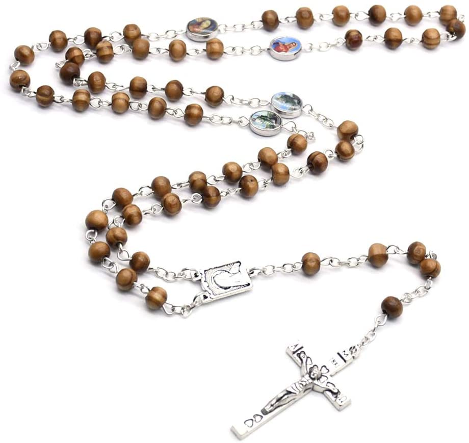 Handmade Round Wood Rosary Beads Cross 