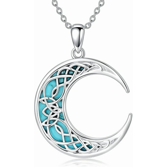 Natural Turquoise Celtic Moon Pendant Necklace for Women 925 Sterling Silver Genuine Turquoise Jewelry Gifts for Her
