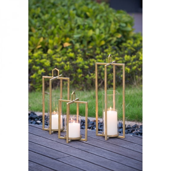 Set of 3 Open Face Gold Candleholder Lanterns, Rustic Iron 3-Size Decor for Table Mantle