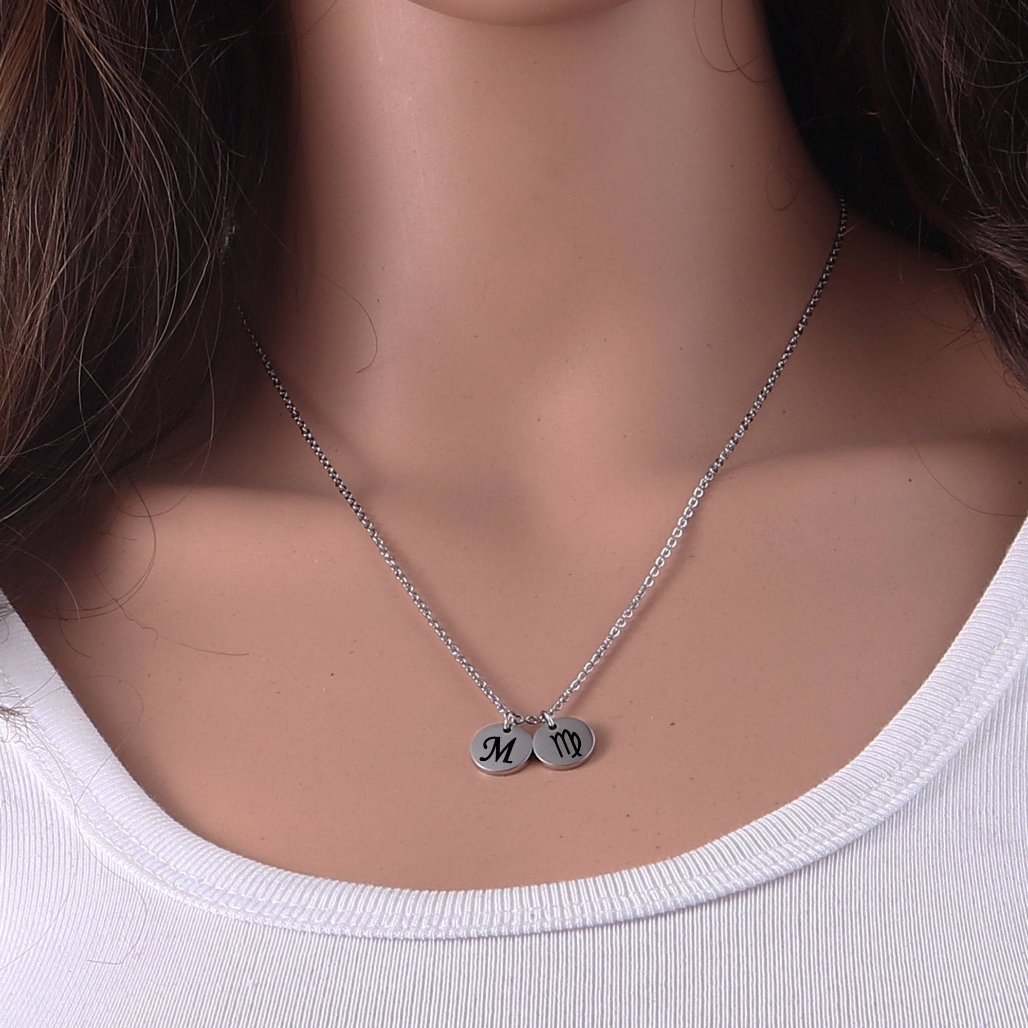 Personalized Round Constellation Initial Necklace - Engraved Zodiac Symbol Jewelry - Christmas Gift for Her - Stainless Steel - 18" Chain - Silver Virgo
