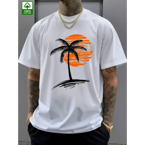 Men's Blue Cotton T-Shirt with Tropical Palm Tree Sunrise Graphic – Casual Short Sleeve Summer Tee for Outdoor and Casual Attire