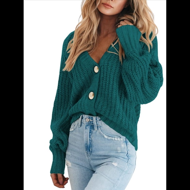 Suéter de Punto Grueso Abierto para Mujer, Larga, Botones, Cárdigan Corto Holgado, Abrigos de Abrigo. Verde Pavo Real S