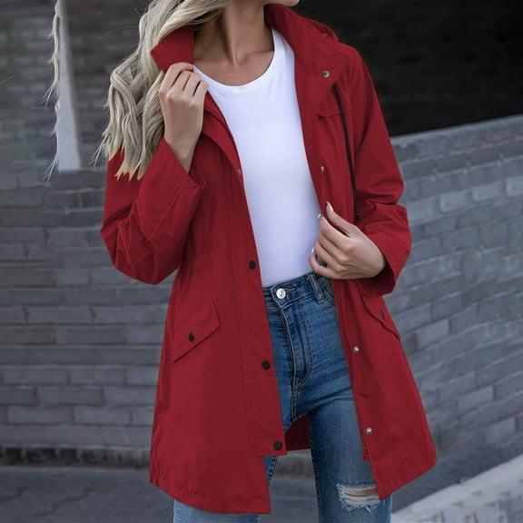 Mifsaly Womens Windbreaker Jacket Lightweight Windproof Hooded Full Zip Trench Coat Outdoor Hiking Camping Travel Outerwear with Adjustable Drawstring and Pockets Wine,S