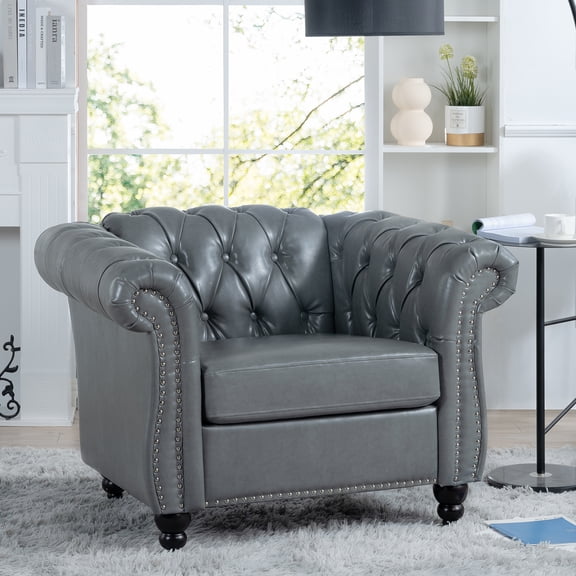 38.98" PU Leather Chesterfield Sofa, Rolled Arm 1-Seater with Classic Design for Living Room, Durable & Easy to Clean, Gray