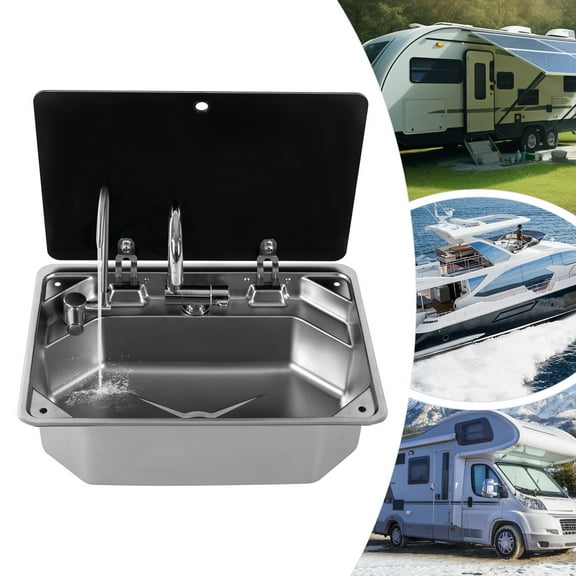 Shzicmy RV Sink Kitchen Sink with Hot&Cold Faucet and Tempered Glass Lid Stainless Steel
