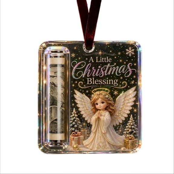 Homellea Christmas Cash Gift Holder Ornament with Angel Blessing Design, Clear Acrylic Money Holder with Rolled Bill Tube, Holiday Cash Gift Presentation, Seasonal Gift Exchange, 3.94 Inch