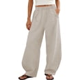 thumbnail image 2 of Costeam Womens Textured Linen Blend Harem Cropped Pants Dual Side Curved Patch Pockets Full Elastic Drawstring Waist Loose Baggy Fit Casual Relaxed Ankle Trousers, 2 of 9