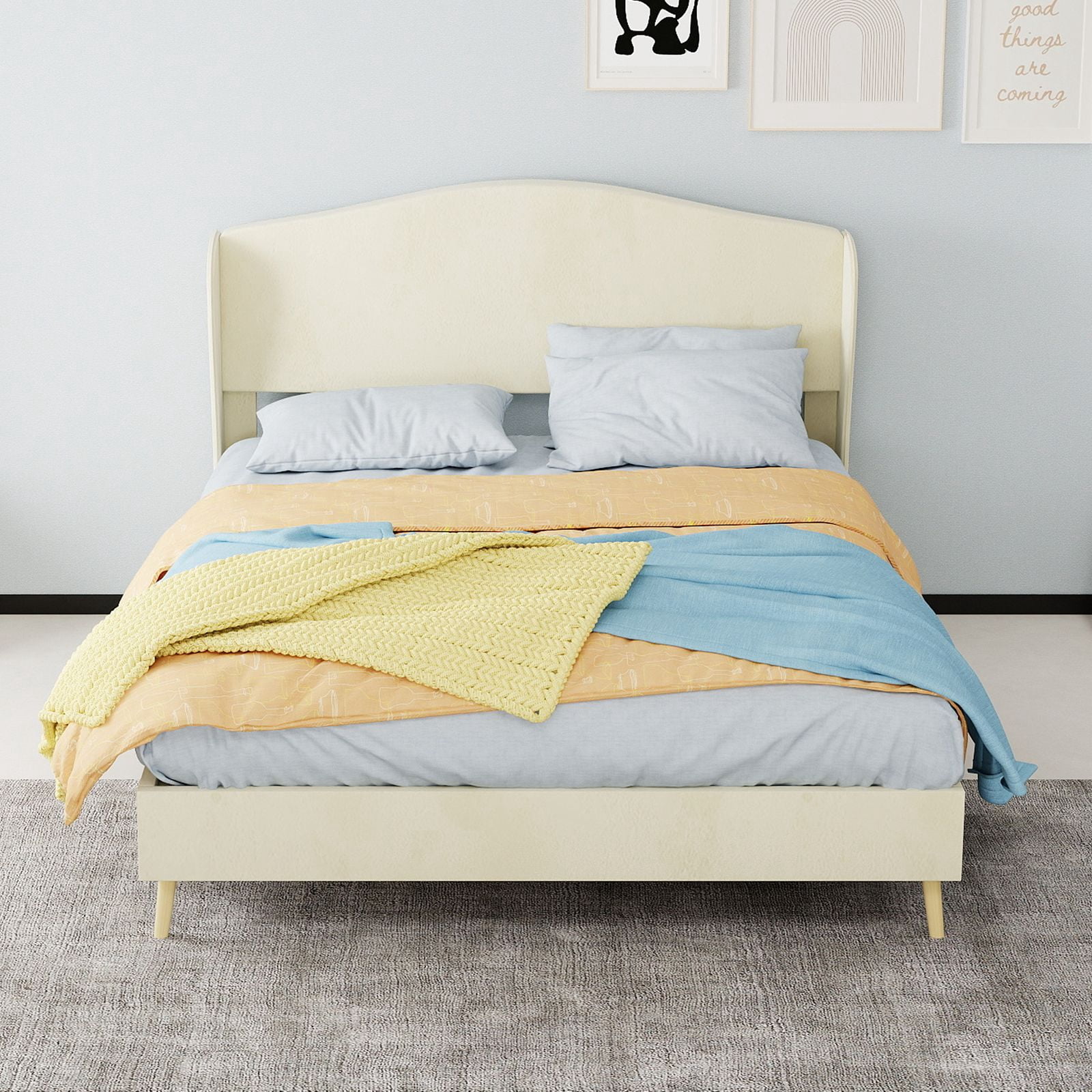 Alvantor Full Size Upholstered Bed Frame with Padded Headboard, Holland Velvet Tufted Noise-Free & Durable Beige