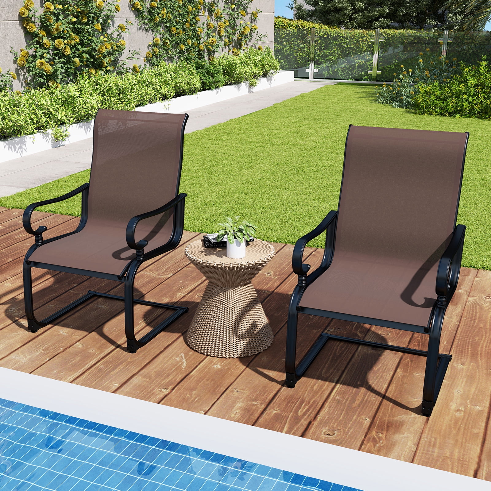 Gymax Patio Dining Chairs Set of 4 C-Spring Motion Patio Chairs w/ Metal Frame Brown & Black