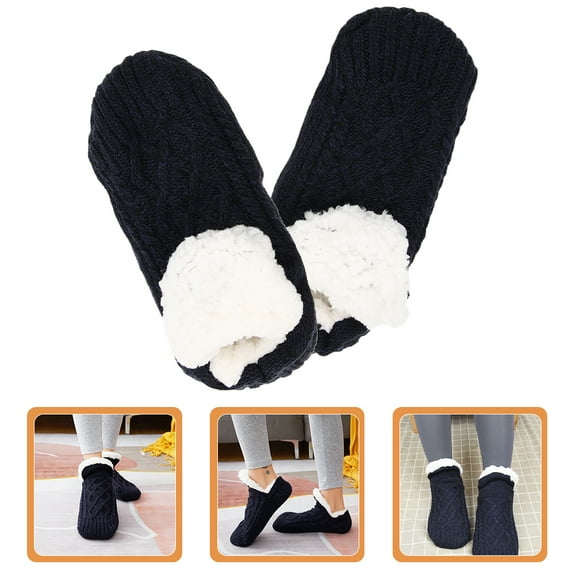 SWETRACE 1 Pair Cozy Black Plush Slipper Socks with Anti-slip Warmth for Women and Men Indoor Use