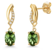 Gem Stone King 14K Yellow Gold Green Tourmaline and Lab Grown Diamond Dangle Earrings for Women | 1.45 Cttw | Gemstone October Birthstone | Oval 7X5MM