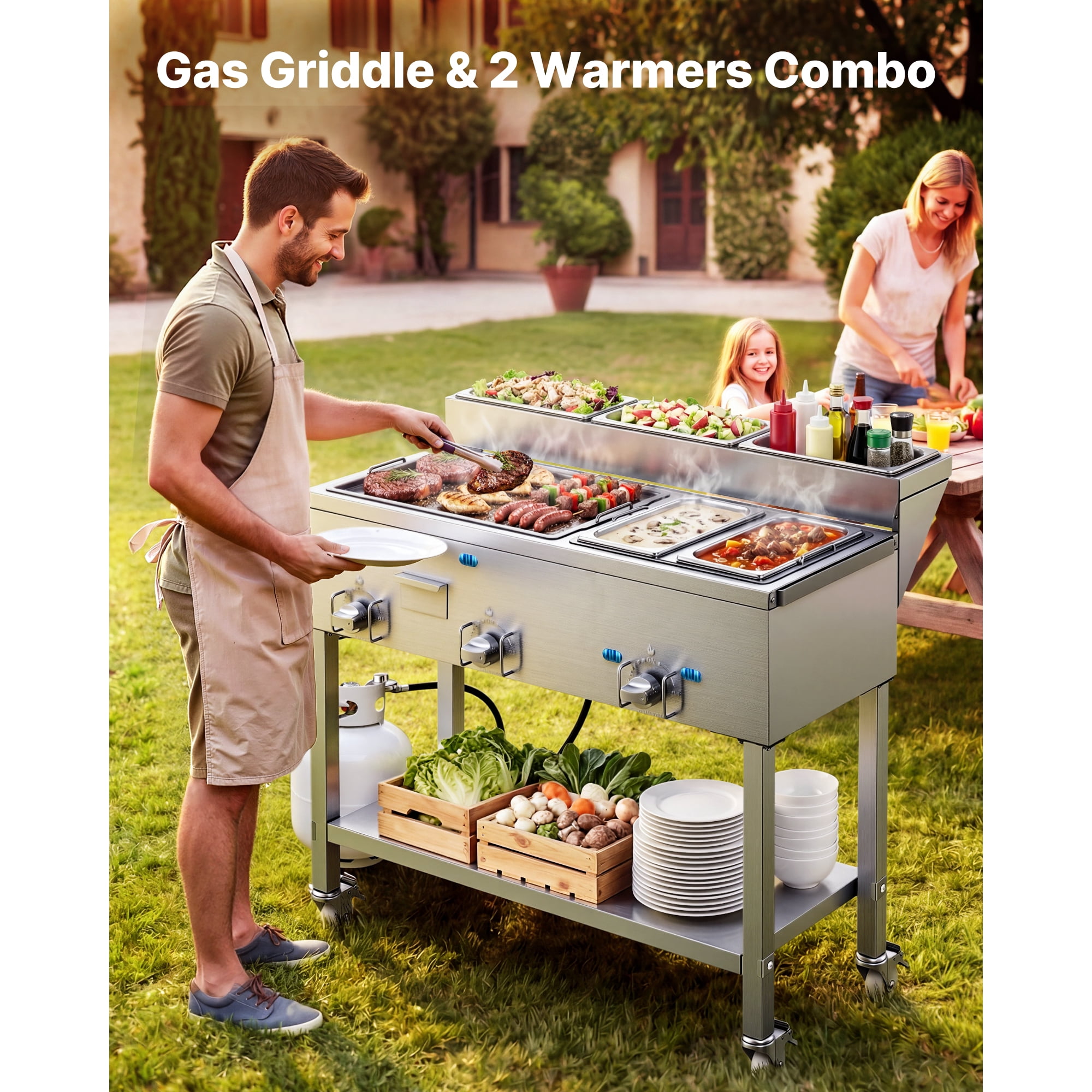 KFFKFF Outdoor Propane Griddle with 3 Burners (11,600 BTU Each), Stainless Steel Cooking Surface, Includes Two 1/3 Size Food Warming Pans, Portable Design with 4 Lockable Wheels