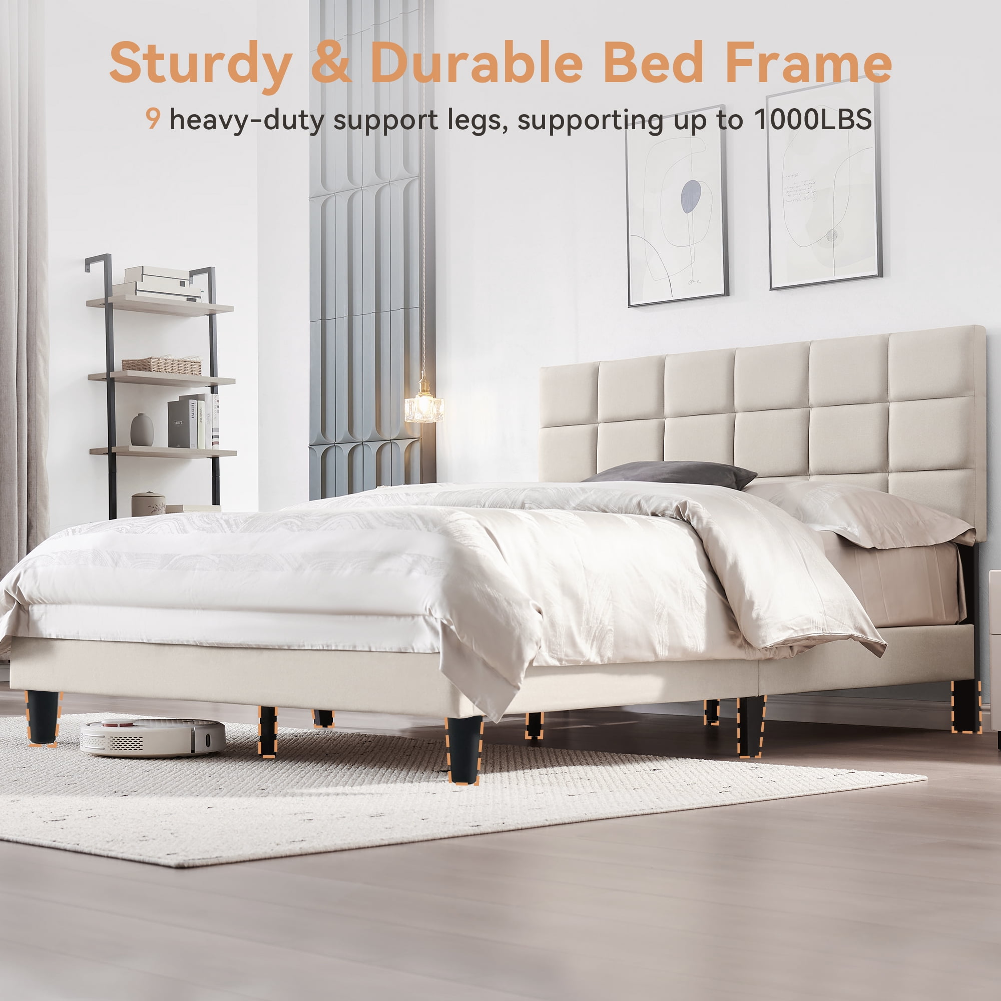 Sailvan Full Size Bed Frame with Headboard, Upholstered Bed Frame Full , Full Wood Slats Bed Frame, With 1000LBS, Height Adjustable, No-Noise, Easy to Assemble, Beige White