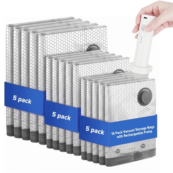 Vacuum Storage Bags 15 Pack with Rechargeable Air Pump, Carry-on Compression Bags for Luggage Suitcase, Space Saver Bags for Travel Clothes