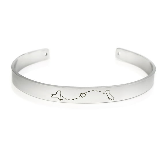 Anavia Personalized Gift for Him Personalized Long Distance States Cuff Bangle Bracelet Love Heart Free Engraving Birthday Jewelry with Gift Box Ships Next Day [Silver]