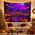 thumbnail image 3 of Glowing Carousel in Halloween Town with Pumpkins & Bats, Spooky Illustration for Dark Art Lovers, Vintage Horror Decor Halloween Gift, Tapestry Wall Hanging for Living Room and Dorm, 3 of 7