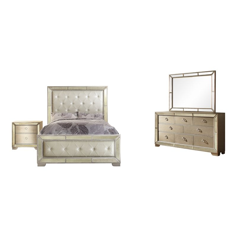 FOA Celina 4pc Champagne Wood Bedroom Set - Queen+Nightstand+Dresser+Mirror