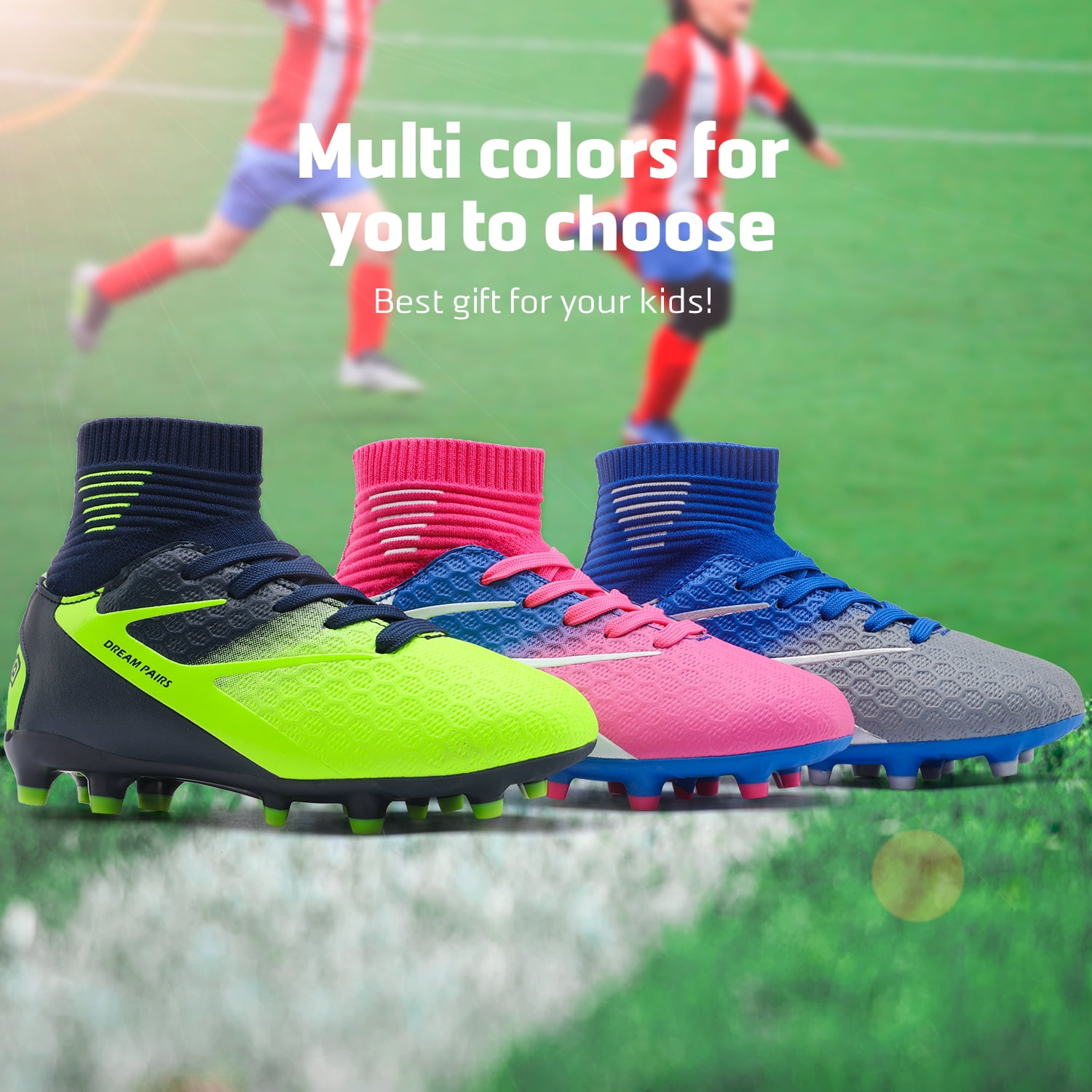 BURUDANI Kids Boys Girls Soccer Trainers Cleats Shoes Sport Football Shoes Dark/Blue/Neon/Green Size 6