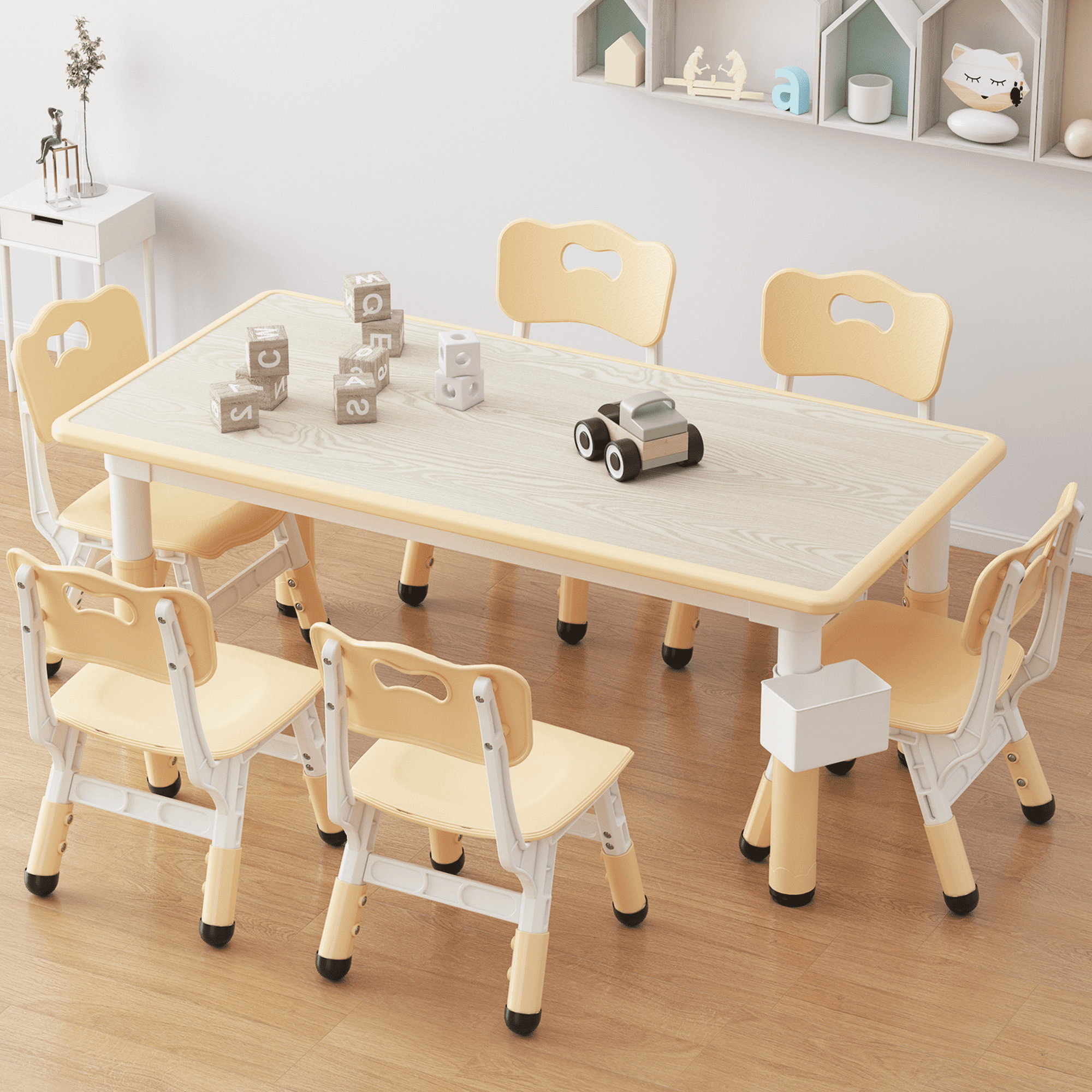 Kids Table and 6 Chair Set with Storage Box, Height Adjustable Toddler Table and Chairs Set for Ages 2-10, Graffiti Desktop, Non-Slip Legs, Children Activity Table for Daycare Classroom Home