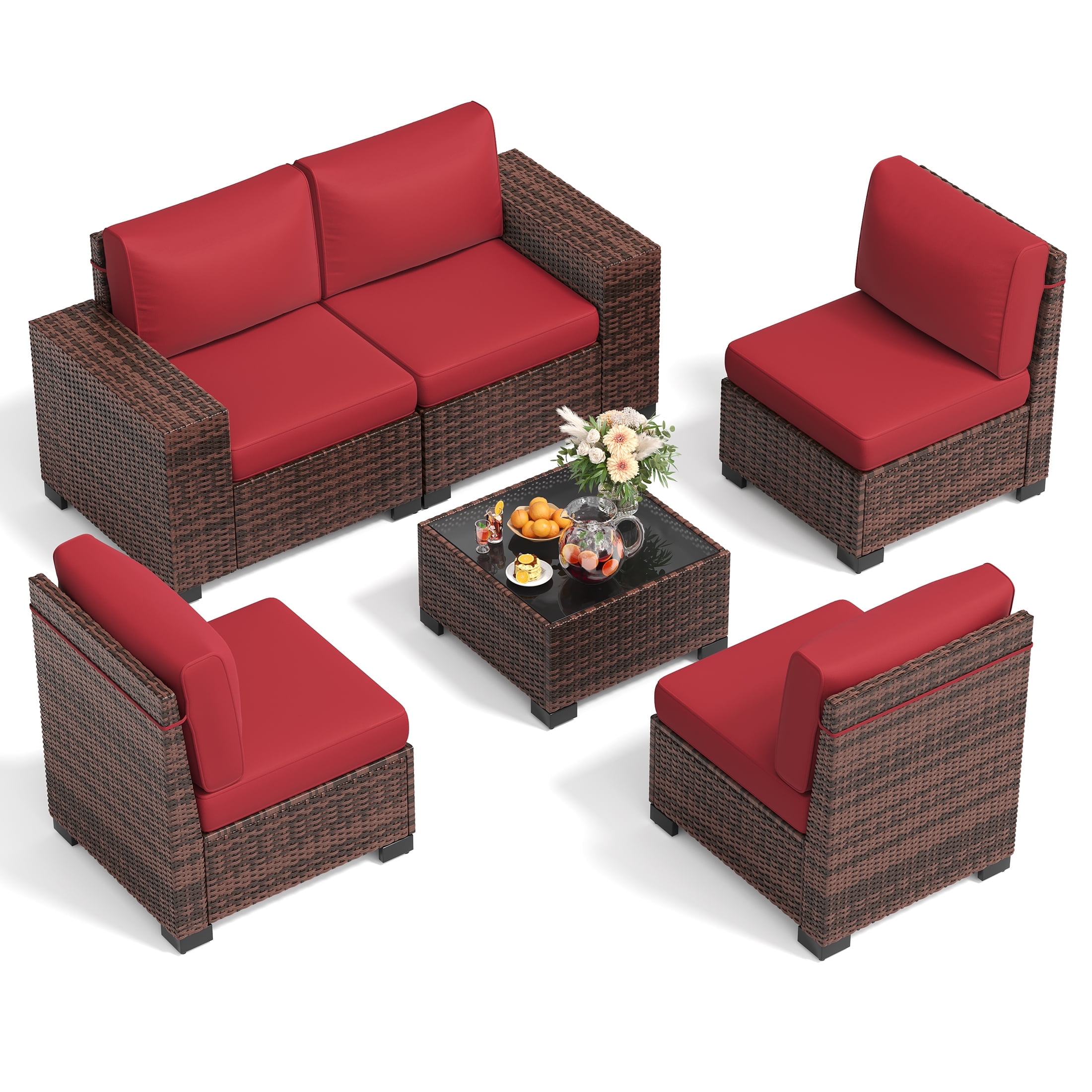 TECHMILLY 6-Piece Patio Furniture Set, Outdoor Patio Sofa Set With Wide Armrest, All-Weather Wicker Rattan Guest Set With Cushion And Glass Table And Waterproof Cover,Brown & Wine Red