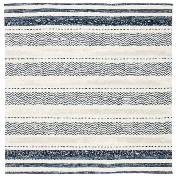 SAFAVIEH Striped Kilim Cailyn Striped Cotton Area Rug, Ivory/Navy, 7' x 7' Square