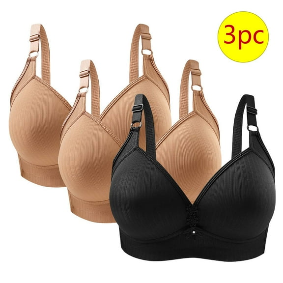CLOISE Womens Bras No Wire 3 Pack Wireless Push up Bras with Support and Lift Full Coverage Large Bust Seamless Padded Bras Straps Adjustable Comfort Sleep Bras Soft Everyday Bras Khaki 40/90