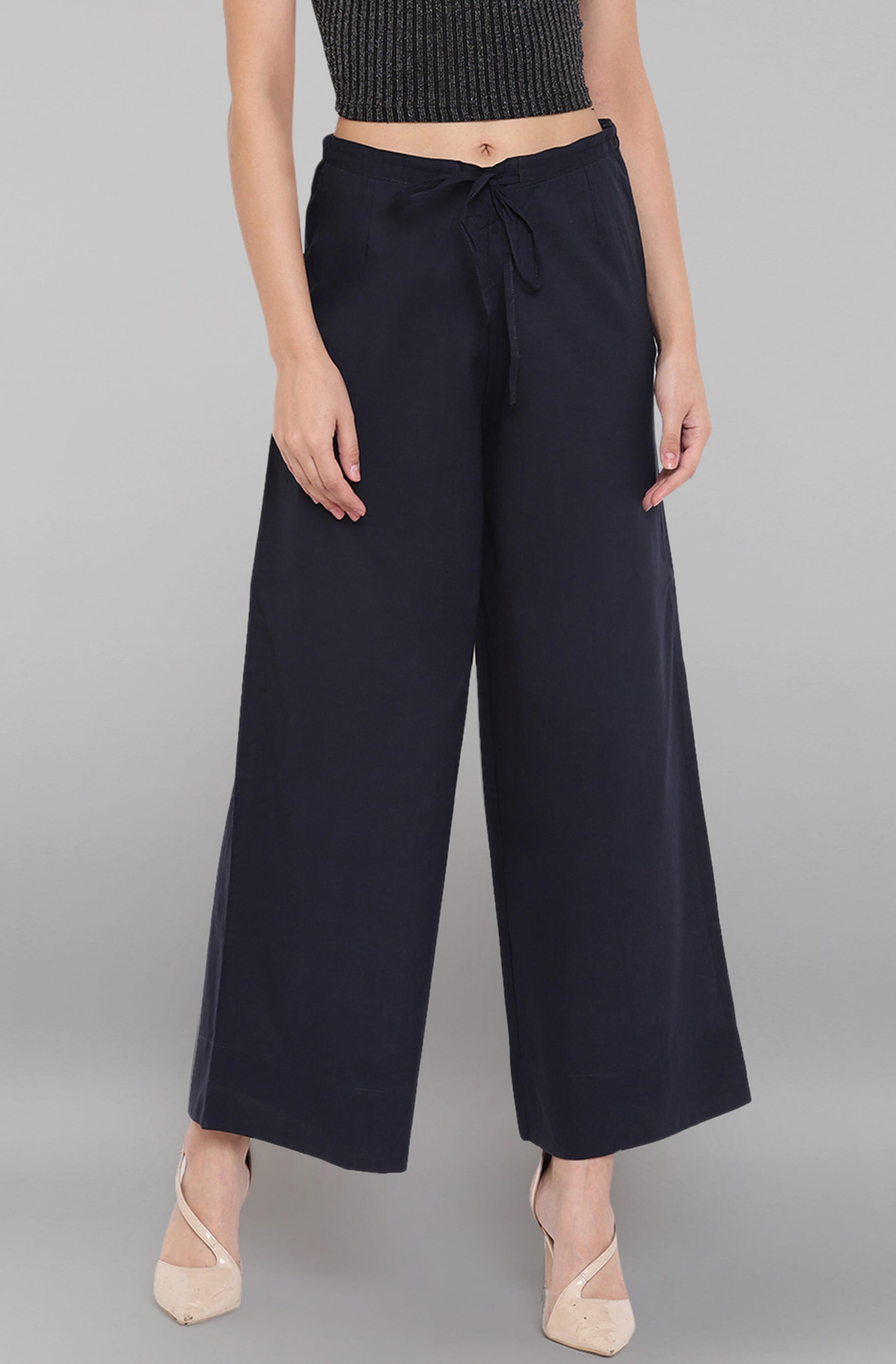 Janasya Indian Navy Blue Pure Cotton Palazzo Pant For Women