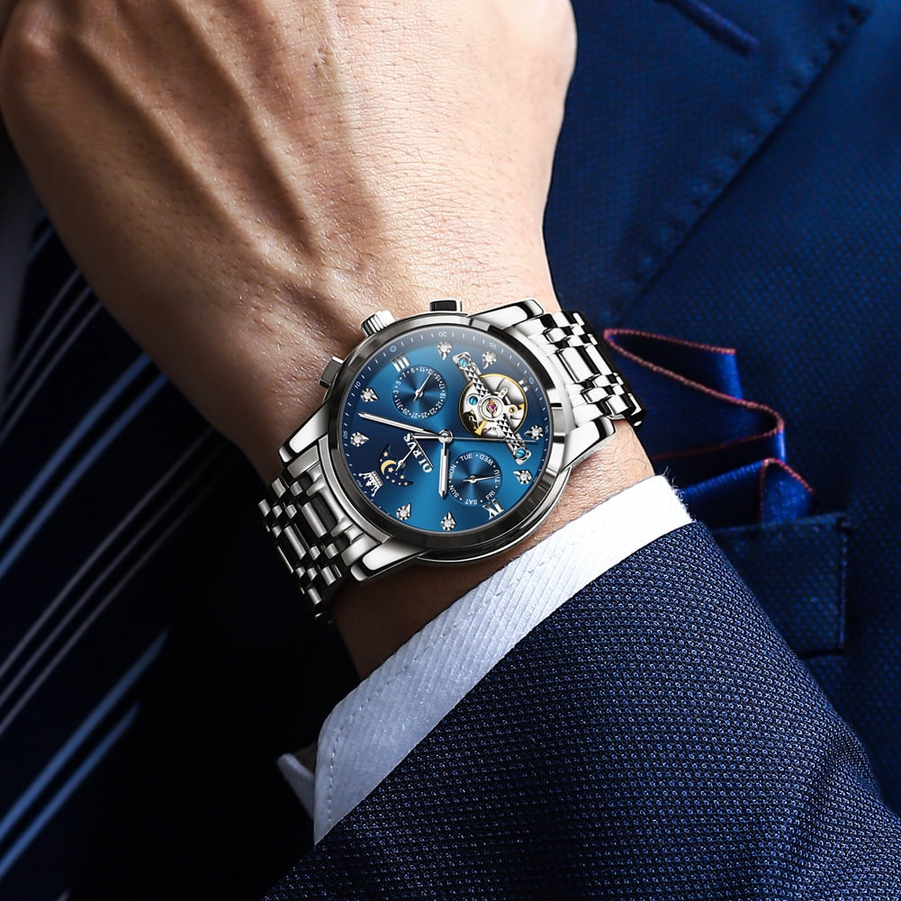 OLEVS Automatic Watches for Men Self Winding Mechanical Skeleton Flywheel Chronograph Luxury Dress Stainless Steel Diamond Moon Phase Waterproof Luminous Mens Wrist Watches Reloj Para Hombre