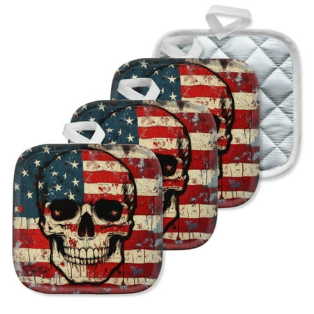 

4Pcs Pot Holder for Kitchen Grunge American Skull Composition Square Heat Resistant Hotpads 8x8in Non Slip Dirt-Proof Kitchen Cook Oven Potholders Machine Washable