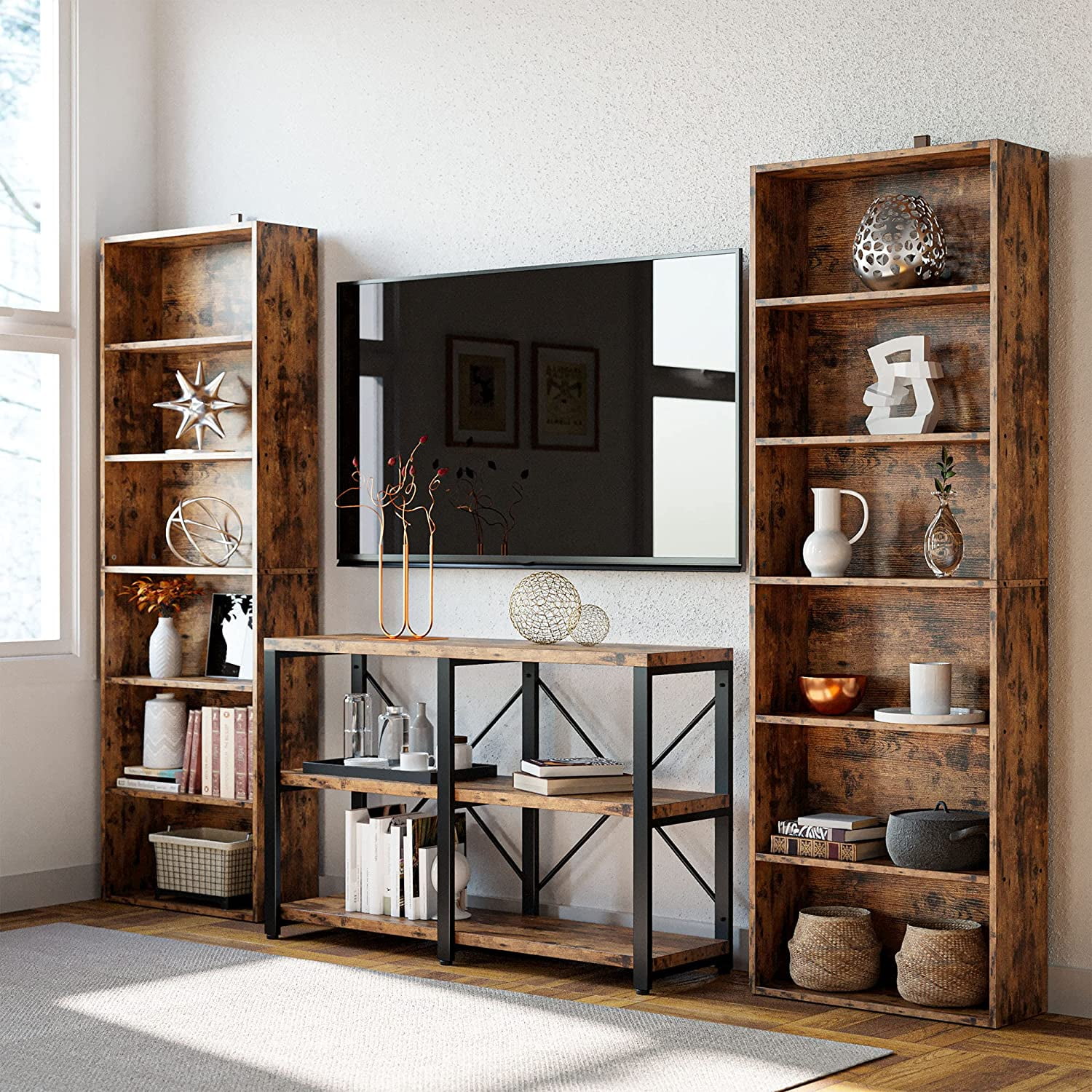 Industrial Bookshelves and Bookcases Floor Standing 6 Shelf Display Storage Shelves 70 in Tall Bookcase Home Decor Furniture for Home Office, Living Room, Bed Room, Vintage Brown