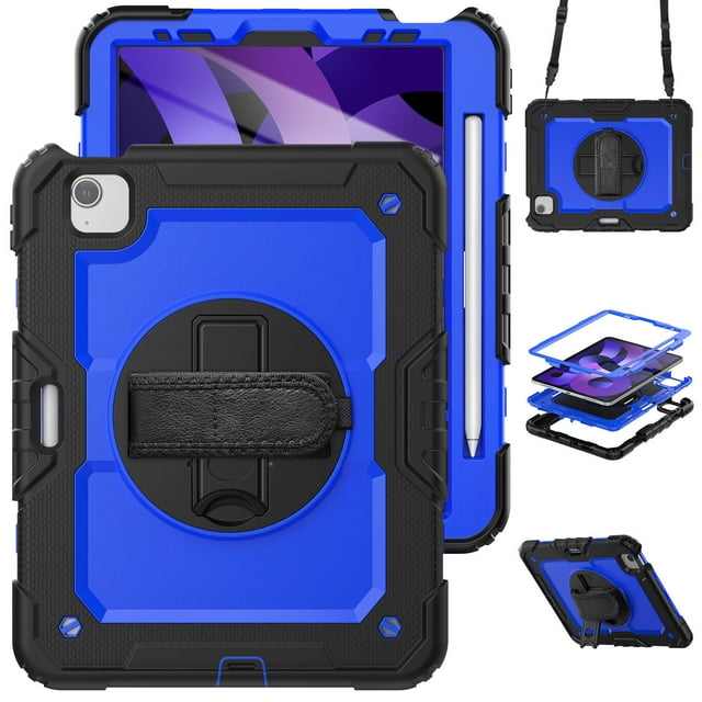 Case for iPad Air 5th Generation / iPad Air 4th Generation 10.9 inch with Screen Protector, 360 Degree Rotating Kickstand Hand Strap Shockproof Cover with Shoulder Strap, Dark Blue PC