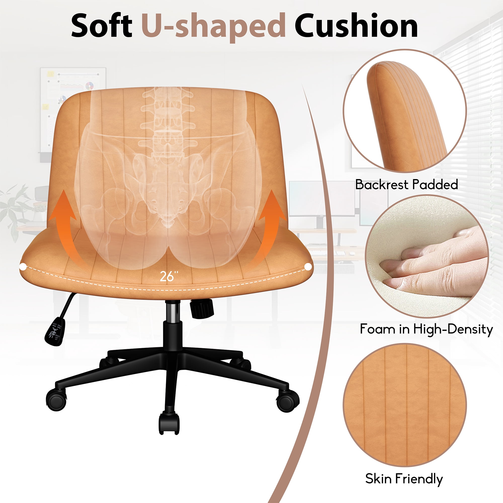 Walsunny Armless Criss Cross Home Office Chair, Fabric Vanity Desk Chair with Wheels, Wide Seat Swivel Task Computer Chair, Orange