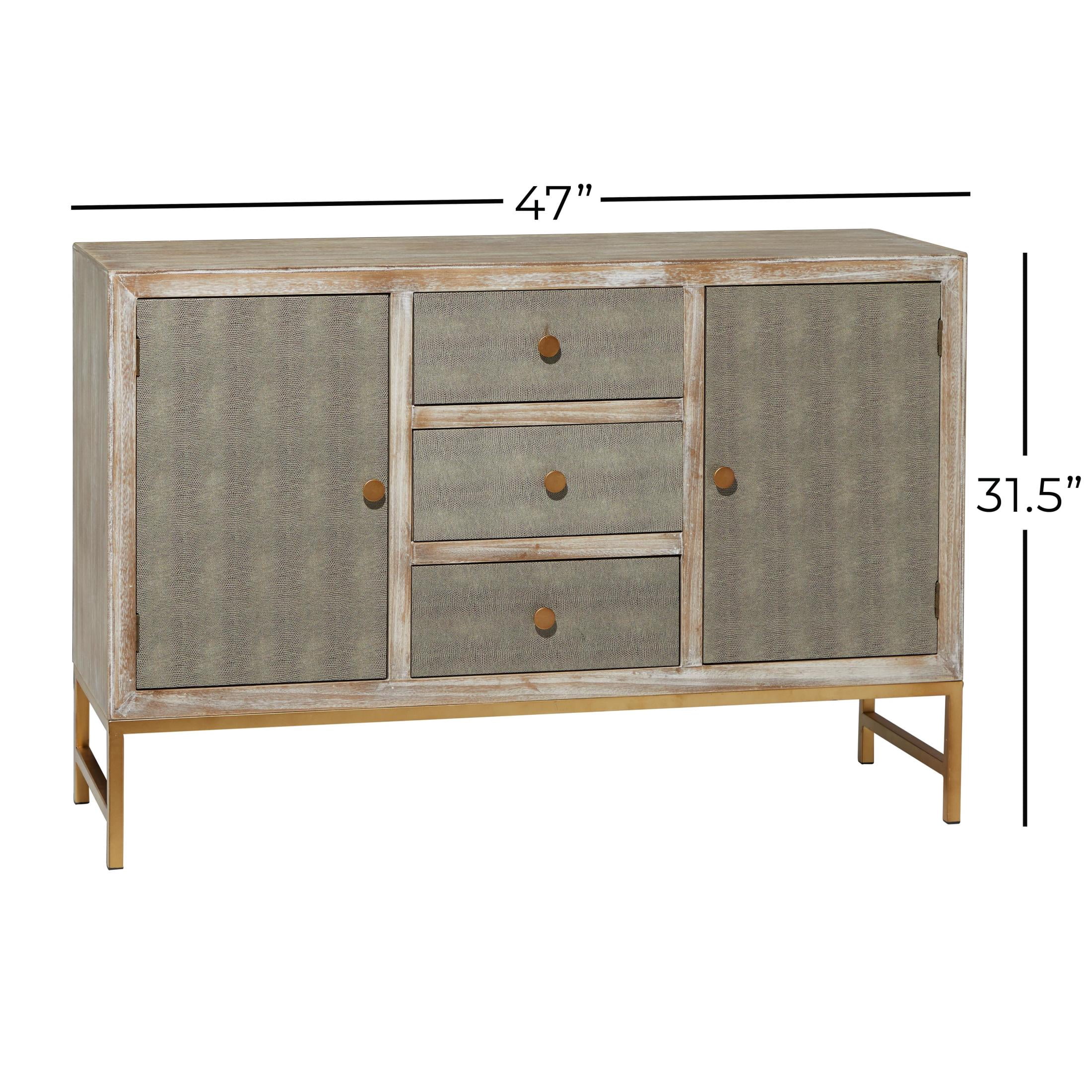 DecMode 47" x 32" Gray Wood Snakeskin Inspired 2 Door and 3 Drawer Cabinet with Gold Knobs and Washed Brown Frame, 1-Piece