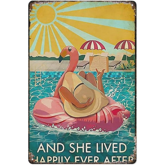 Tin Sign Metal And She Lived Happily Ever After Flamingo Swimming Poster Vintage Metal Sign Plaque Man Cave Bar Pub Club Home Wall Decor Gifts 8X12 Inch