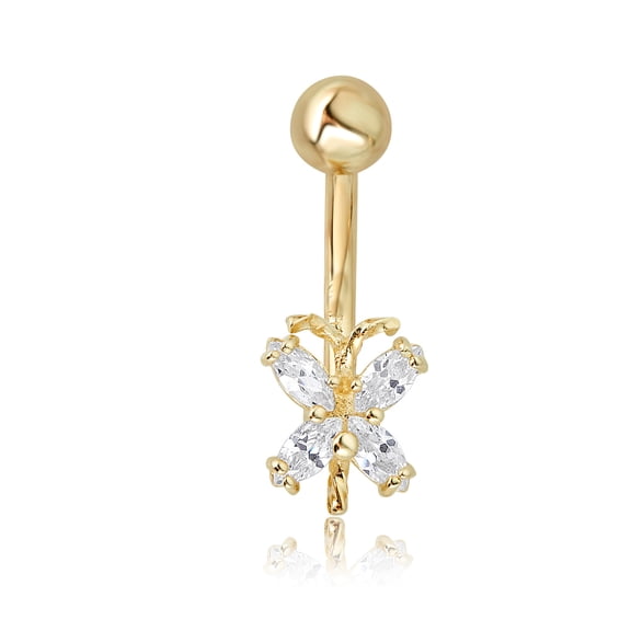 AVORA 10K Yellow Gold Simulated Diamond CZ  Butterfly Belly Button Ring Body Jewelry (14 Gauge)