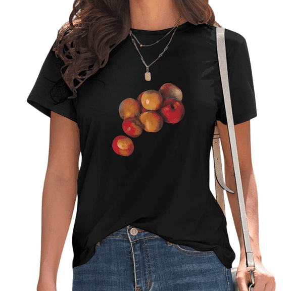 Black Watercolor Apple Cluster Print T-Shirt Women's Casual Loose Fit Short Sleeve Fresh Fruit Aesthetic Graphic Tee Tops S-5XL